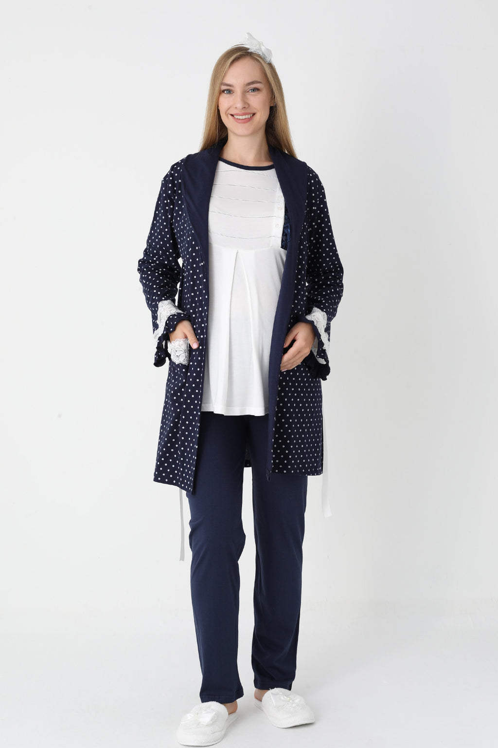 Lacy Edge 3-Piece Maternity-Nursing Pajama & Polka Dot Robe Set Navy Blue - 3451