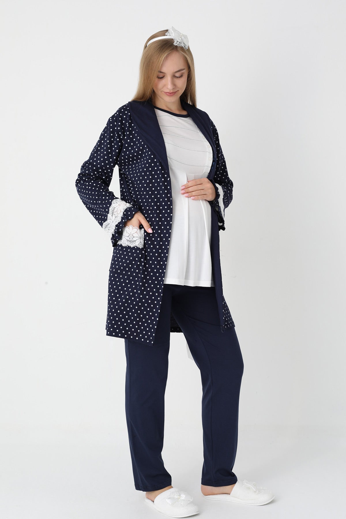 Lacy Edge 3-Piece Maternity-Nursing Pajama & Polka Dot Robe Set Navy Blue - 3451