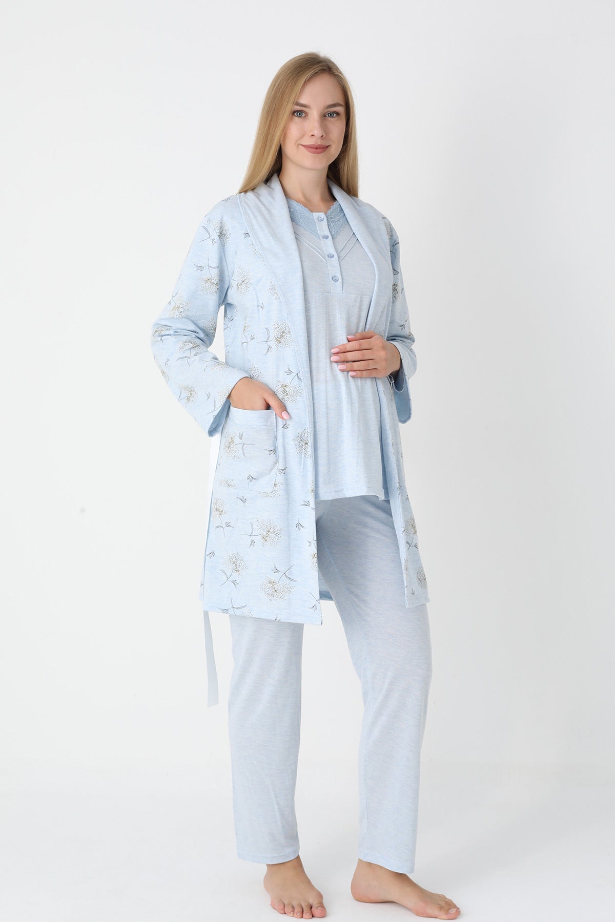Lace Collar 3-Piece Maternity-Nursing Pajama & Flower Patterned Robe Set Blue - 3452