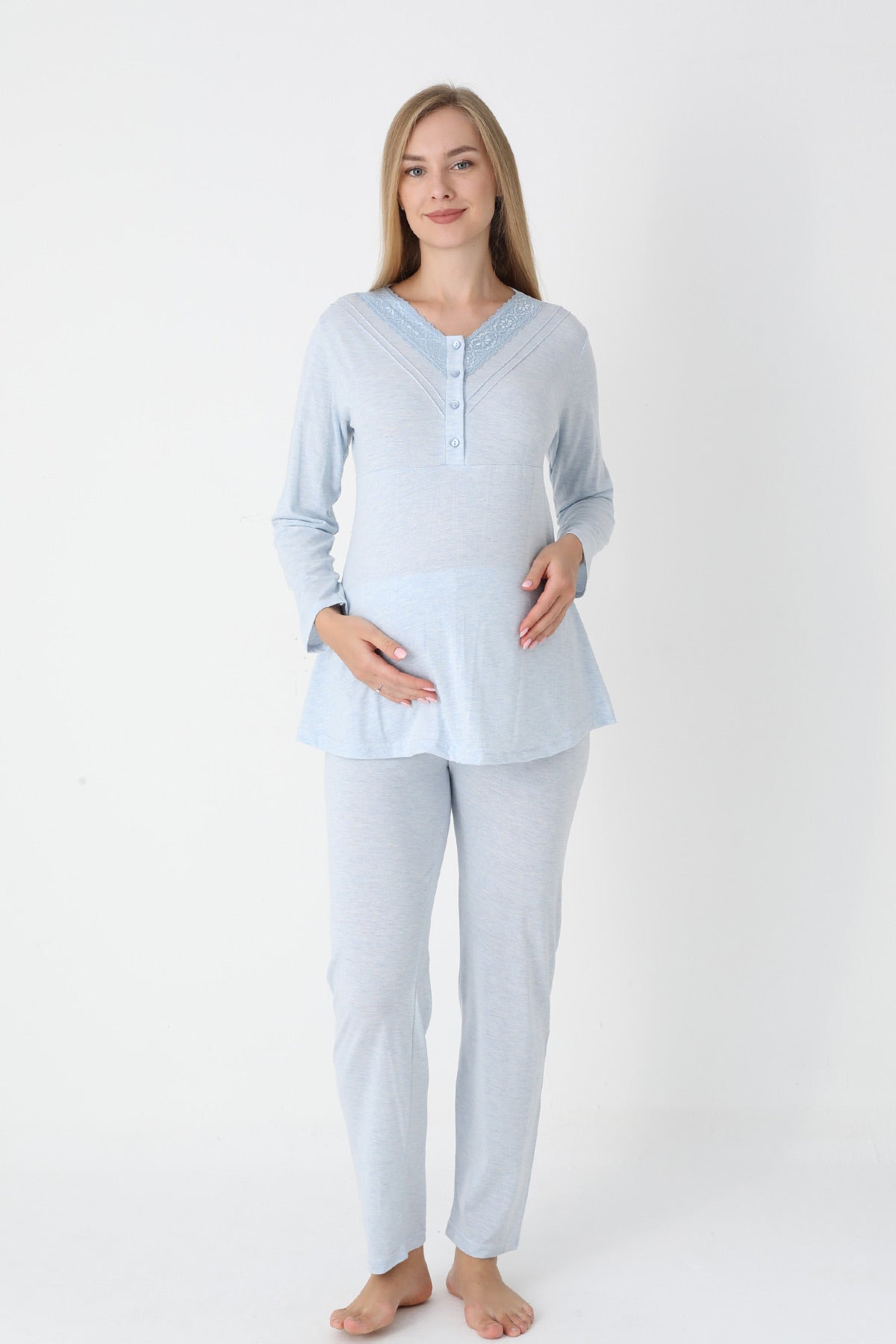 Lace Collar 3-Piece Maternity-Nursing Pajama & Flower Patterned Robe Set Blue - 3452