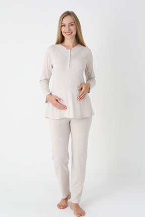 Lace Collar 3-Piece Maternity-Nursing Pajama & Flower Patterned Robe Set Mink - 3452