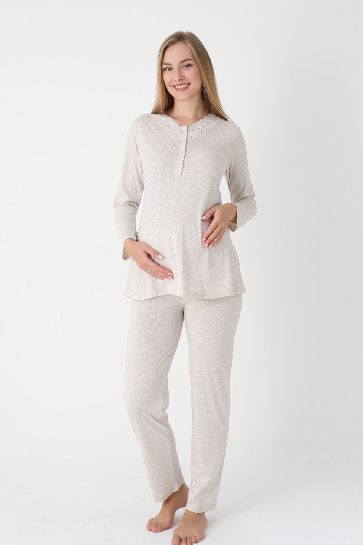 Lace Collar 3-Piece Maternity-Nursing Pajama & Flower Patterned Robe Set Mink - 3452