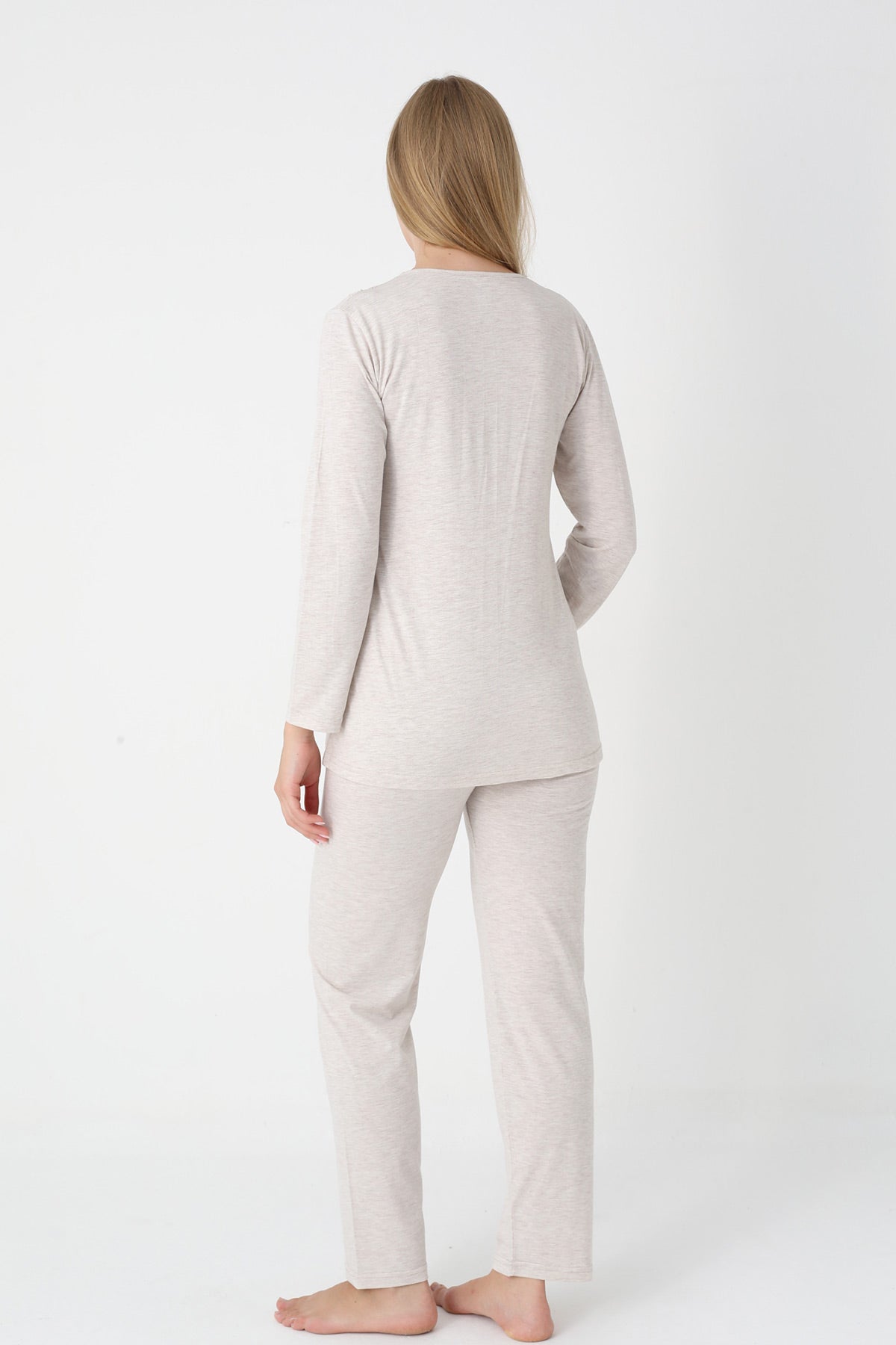 Lace Collar 3-Piece Maternity-Nursing Pajama & Flower Patterned Robe Set Mink - 3452