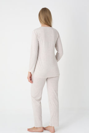 Lace Collar 3-Piece Maternity-Nursing Pajama & Flower Patterned Robe Set Mink - 3452