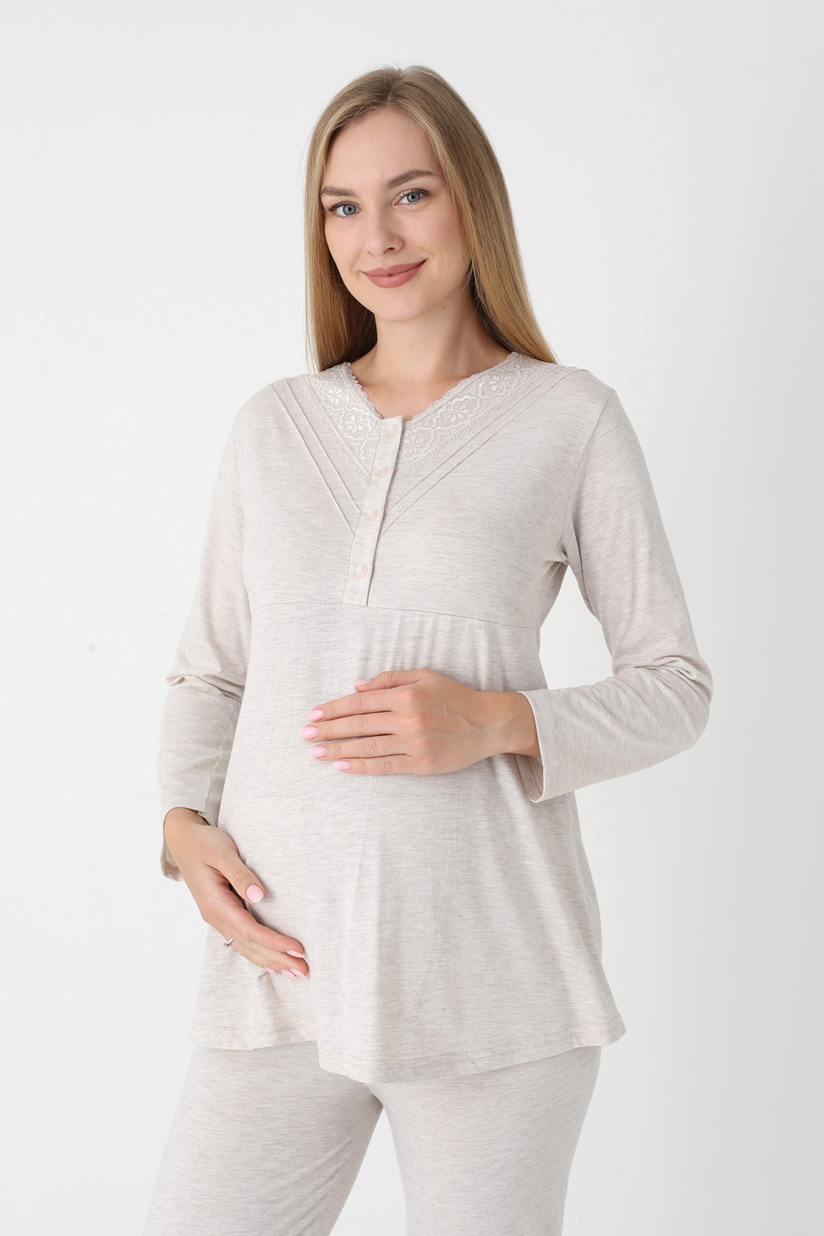 Lace Collar 3-Piece Maternity-Nursing Pajama & Flower Patterned Robe Set Mink - 3452