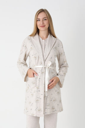 Lace Collar 3-Piece Maternity-Nursing Pajama & Flower Patterned Robe Set Mink - 3452