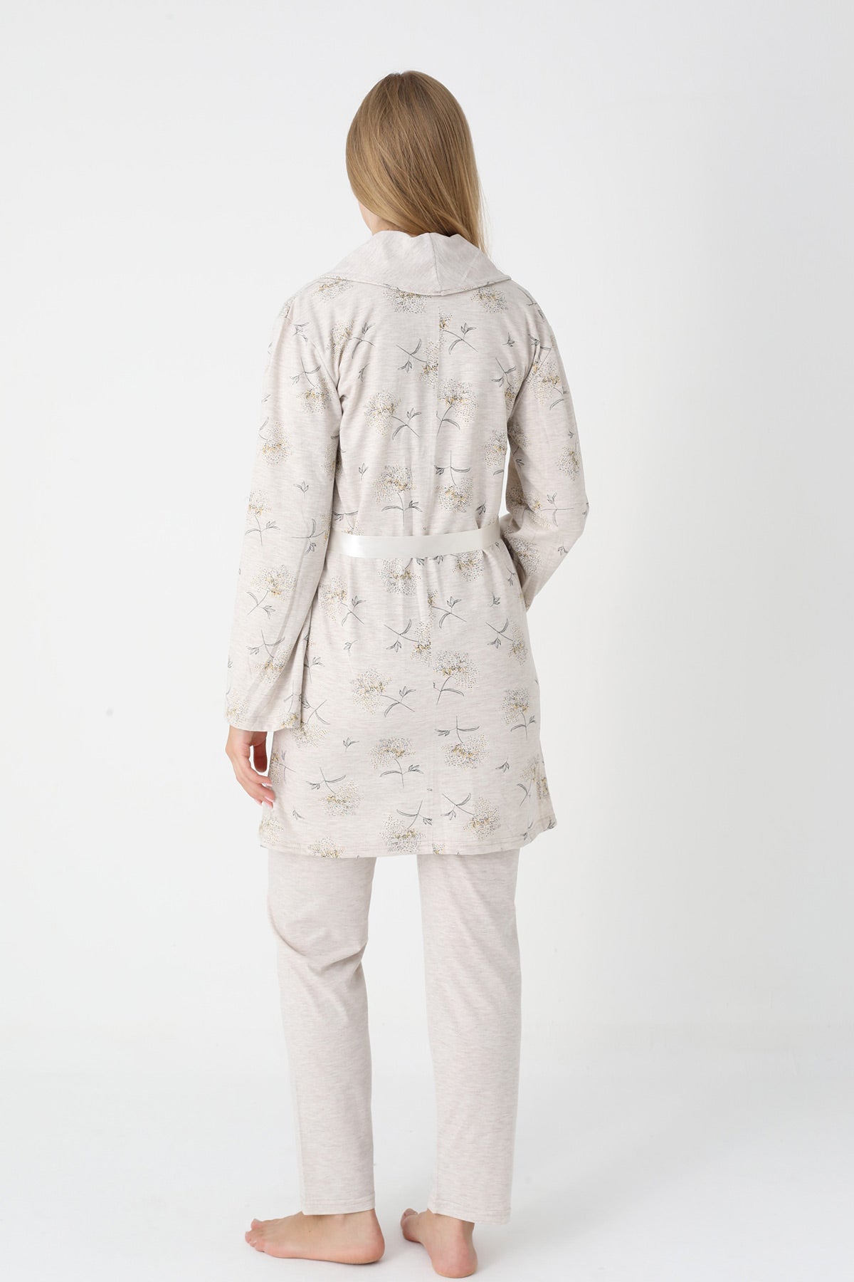 Lace Collar 3-Piece Maternity-Nursing Pajama & Flower Patterned Robe Set Mink - 3452