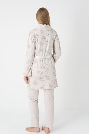 Lace Collar 3-Piece Maternity-Nursing Pajama & Flower Patterned Robe Set Mink - 3452