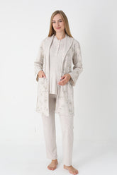 Lace Collar 3-Piece Maternity-Nursing Pajama & Flower Patterned Robe Set Mink - 3452