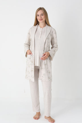 Lace Collar 3-Piece Maternity-Nursing Pajama & Flower Patterned Robe Set Mink - 3452