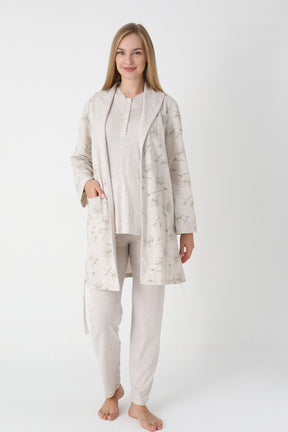 Lace Collar 3-Piece Maternity-Nursing Pajama & Flower Patterned Robe Set Mink - 3452