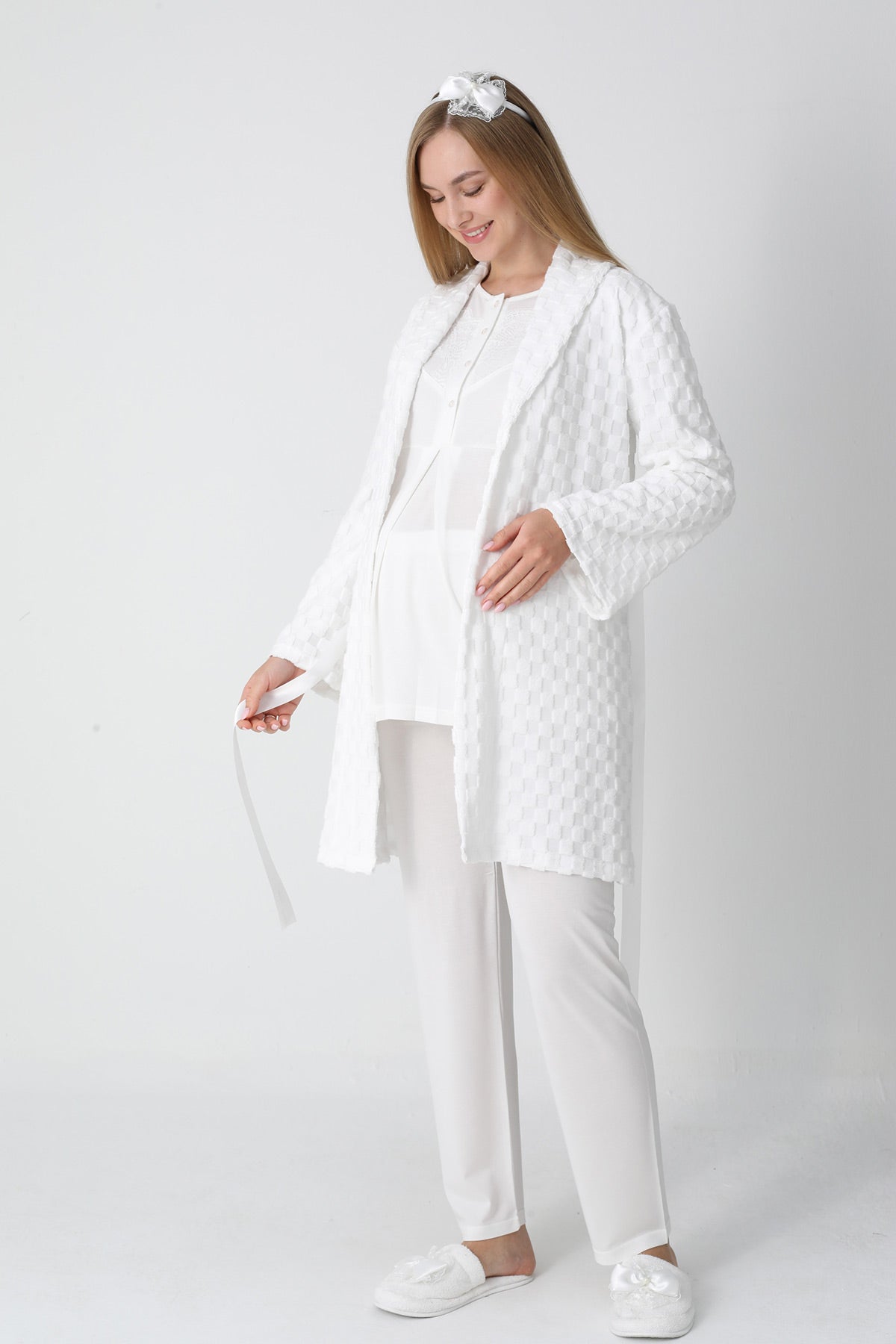 Lace Collar 3-Piece Maternity-Nursing Pajama & Square Jacquard Robe Set Ecru - 3453
