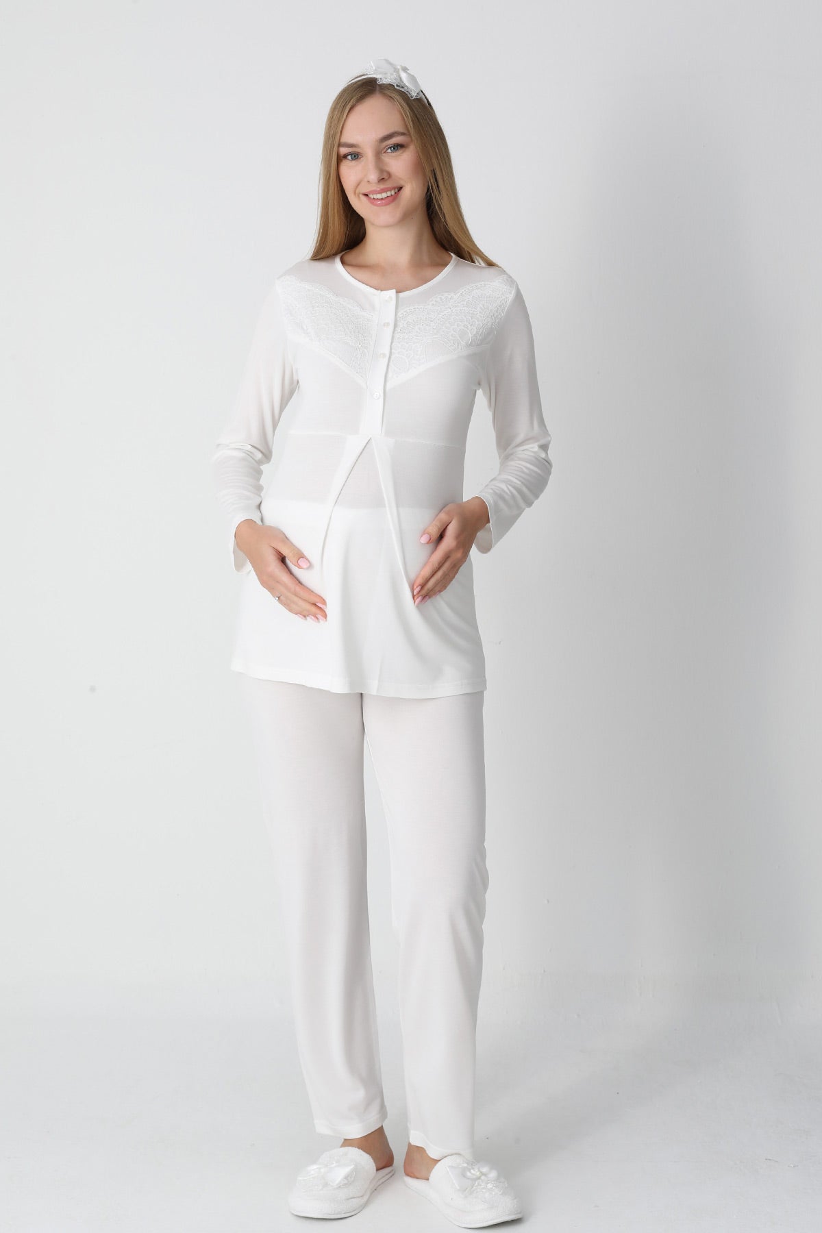 Lace Collar 3-Piece Maternity-Nursing Pajama & Square Jacquard Robe Set Ecru - 3453