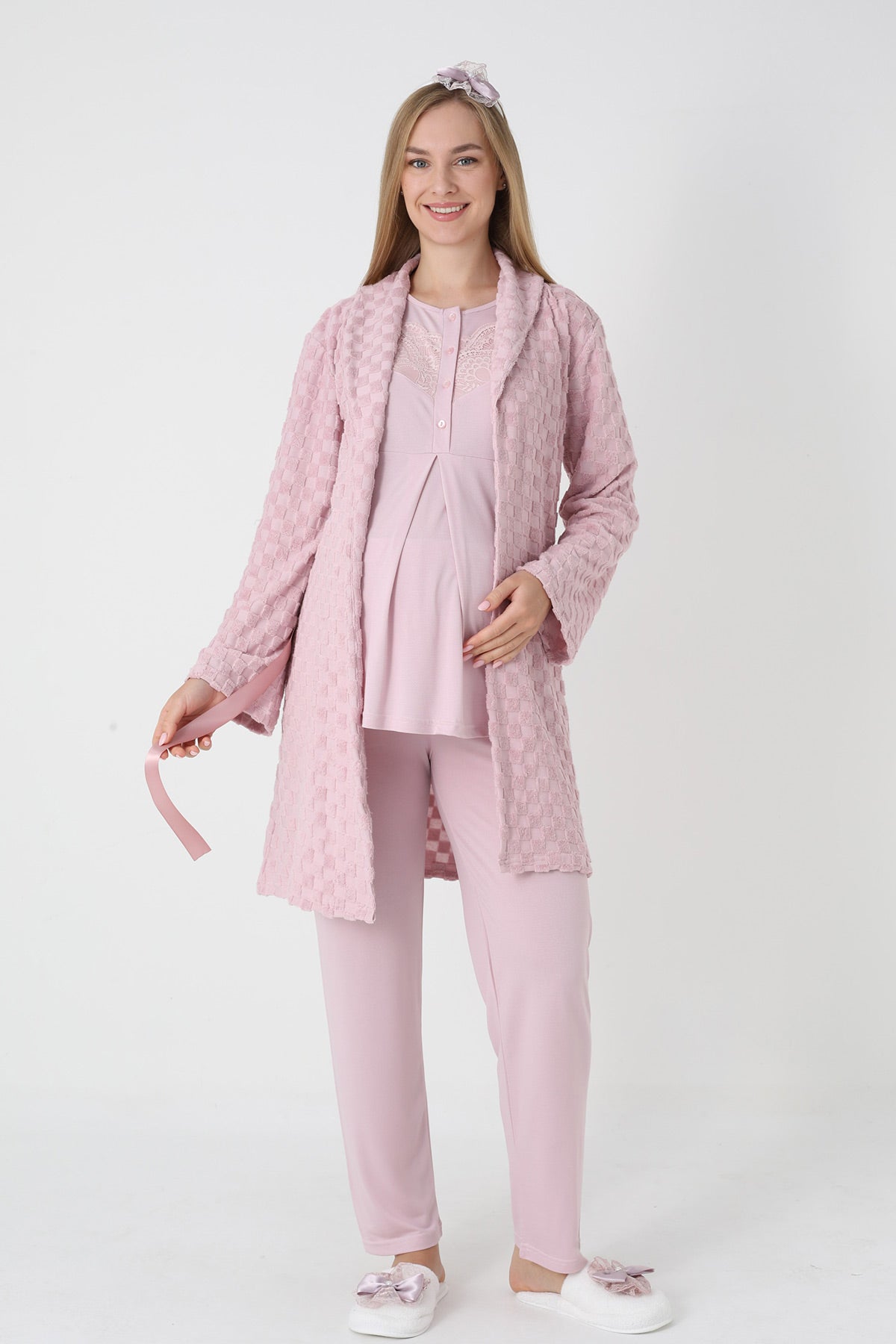 Lace Collar 3-Piece Maternity-Nursing Pajama & Square Jacquard Robe Set Powder - 3453