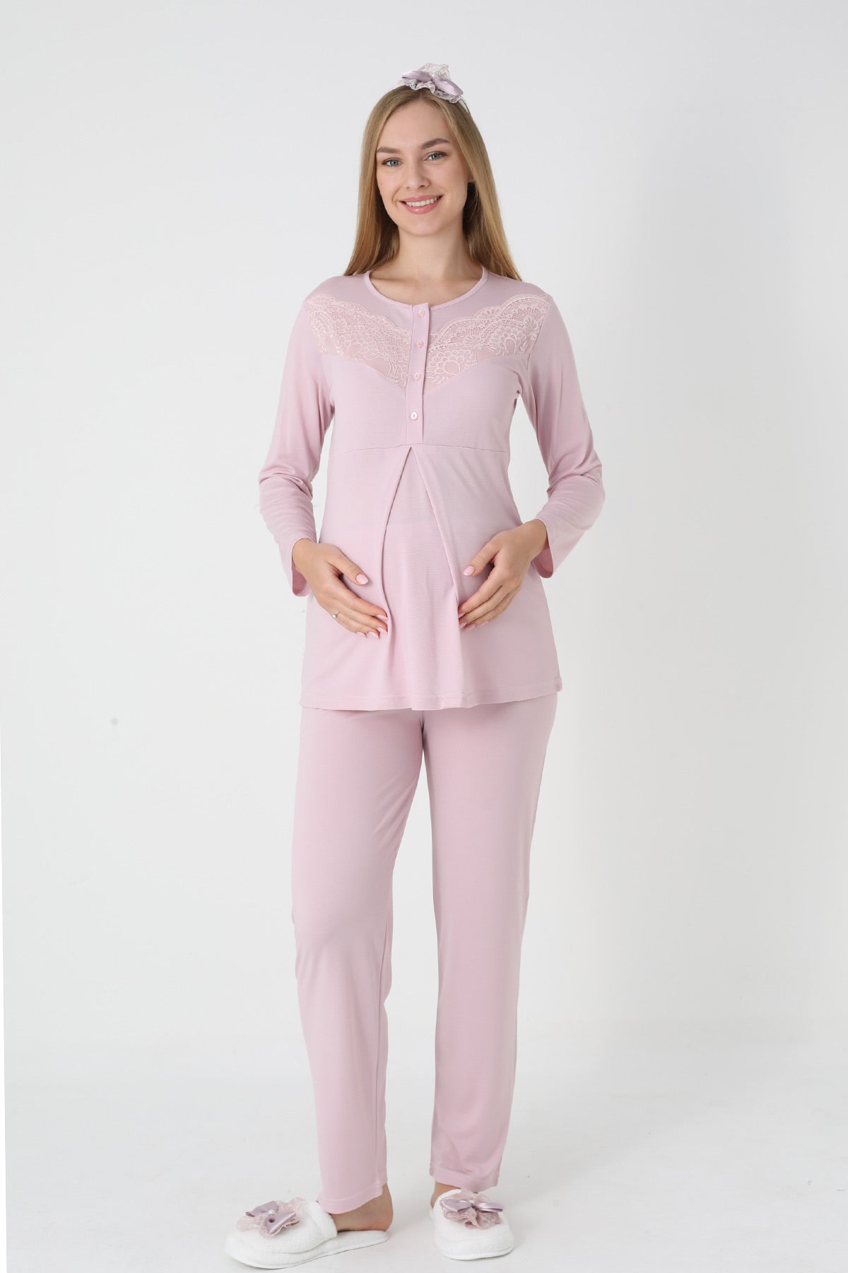 Lace Collar 3-Piece Maternity-Nursing Pajama & Square Jacquard Robe Set Powder - 3453