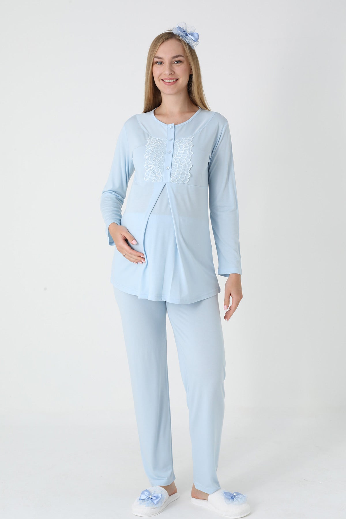 Lace Collar 3-Piece Maternity-Nursing Pajama & Polka Dot Jacquard Robe Set Blue - 3454