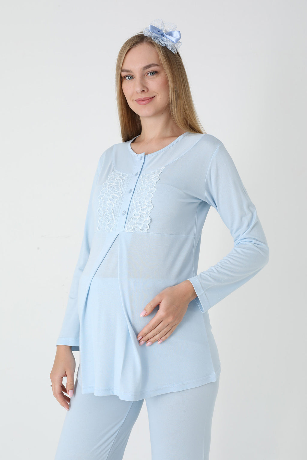 Lace Collar 3-Piece Maternity-Nursing Pajama & Polka Dot Jacquard Robe Set Blue - 3454