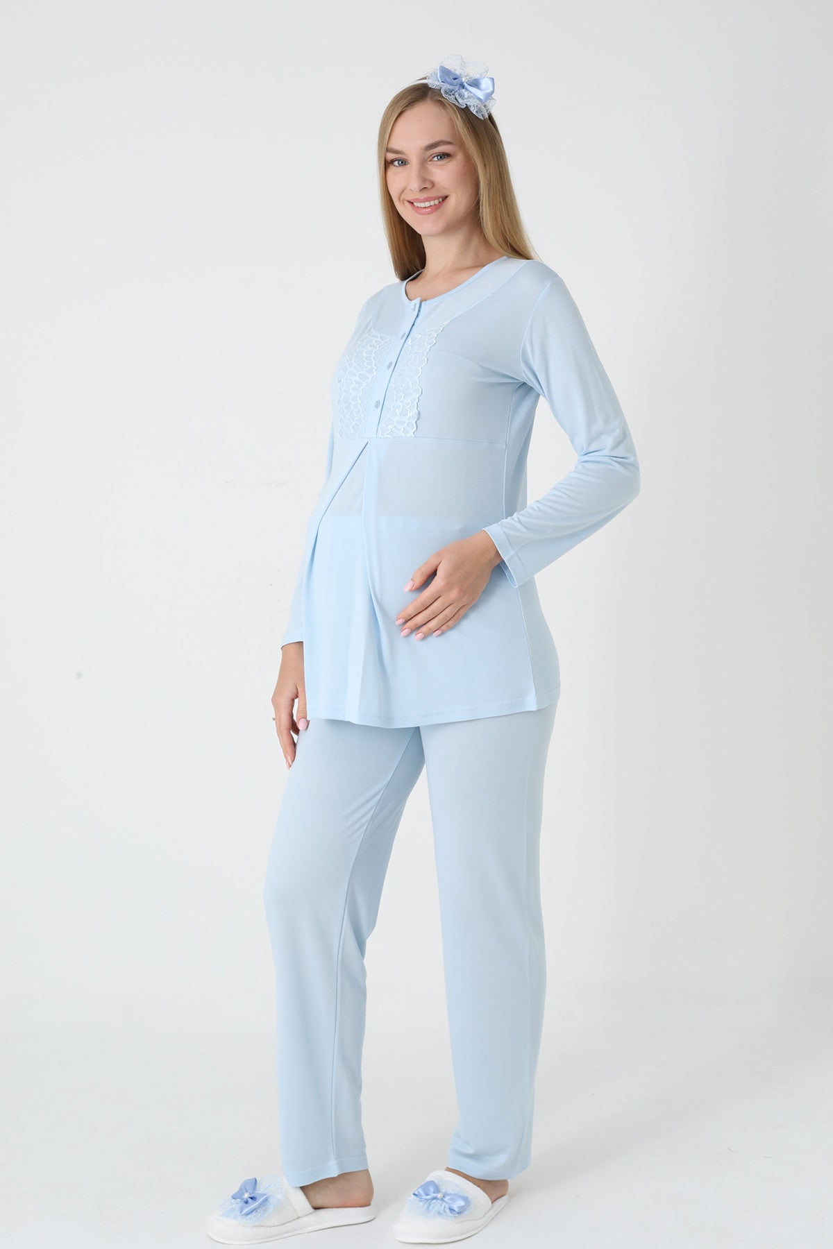 Lace Collar 3-Piece Maternity-Nursing Pajama & Polka Dot Jacquard Robe Set Blue - 3454