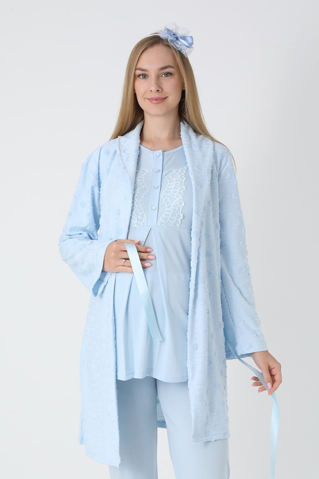 Lace Collar 3-Piece Maternity-Nursing Pajama & Polka Dot Jacquard Robe Set Blue - 3454