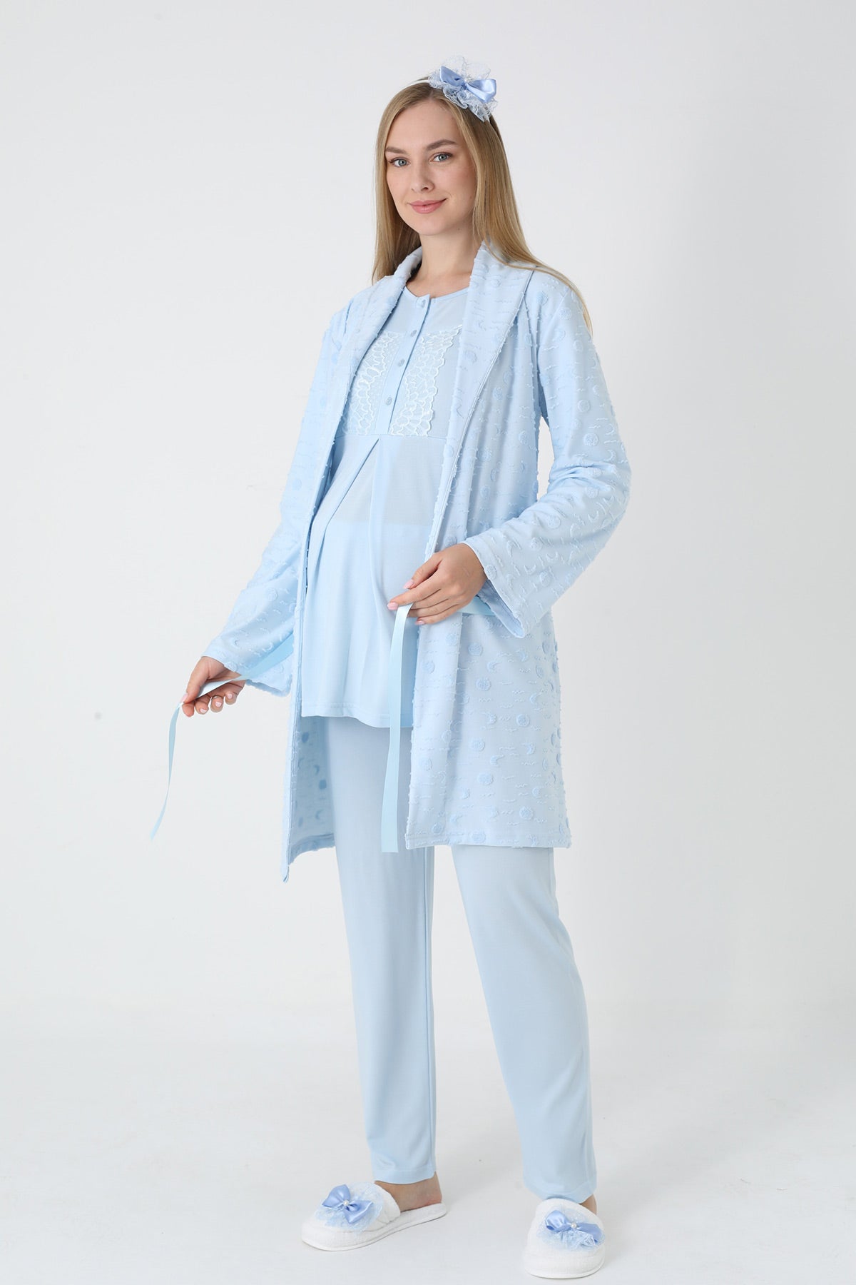 Lace Collar 3-Piece Maternity-Nursing Pajama & Polka Dot Jacquard Robe Set Blue - 3454