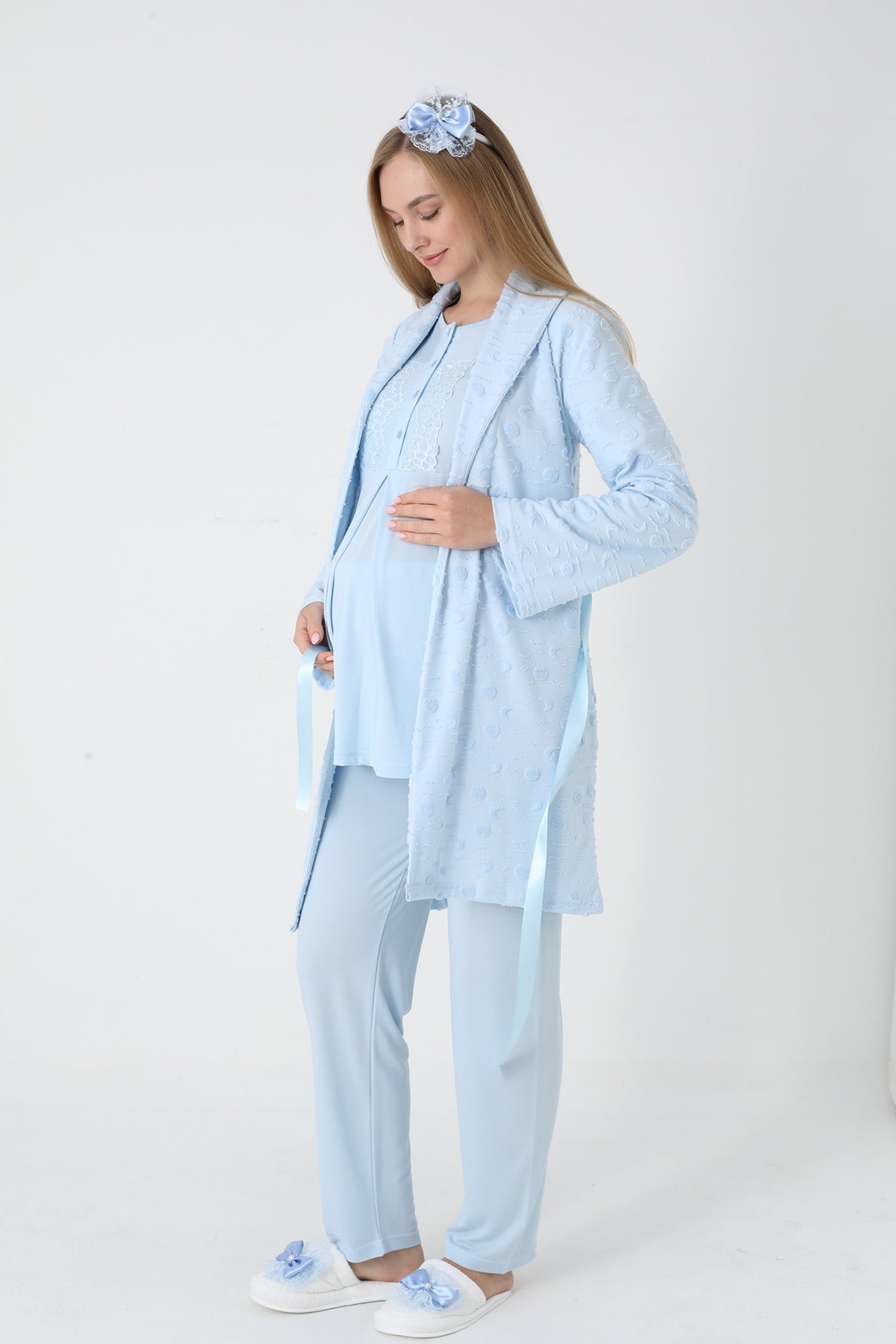 Lace Collar 3-Piece Maternity-Nursing Pajama & Polka Dot Jacquard Robe Set Blue - 3454