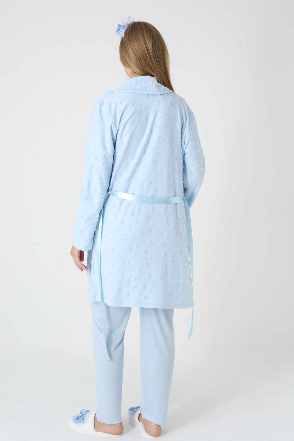 Lace Collar 3-Piece Maternity-Nursing Pajama & Polka Dot Jacquard Robe Set Blue - 3454