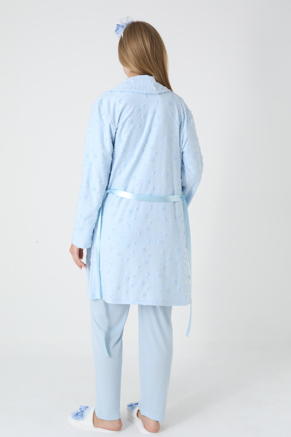 Lace Collar 3-Piece Maternity-Nursing Pajama & Polka Dot Jacquard Robe Set Blue - 3454