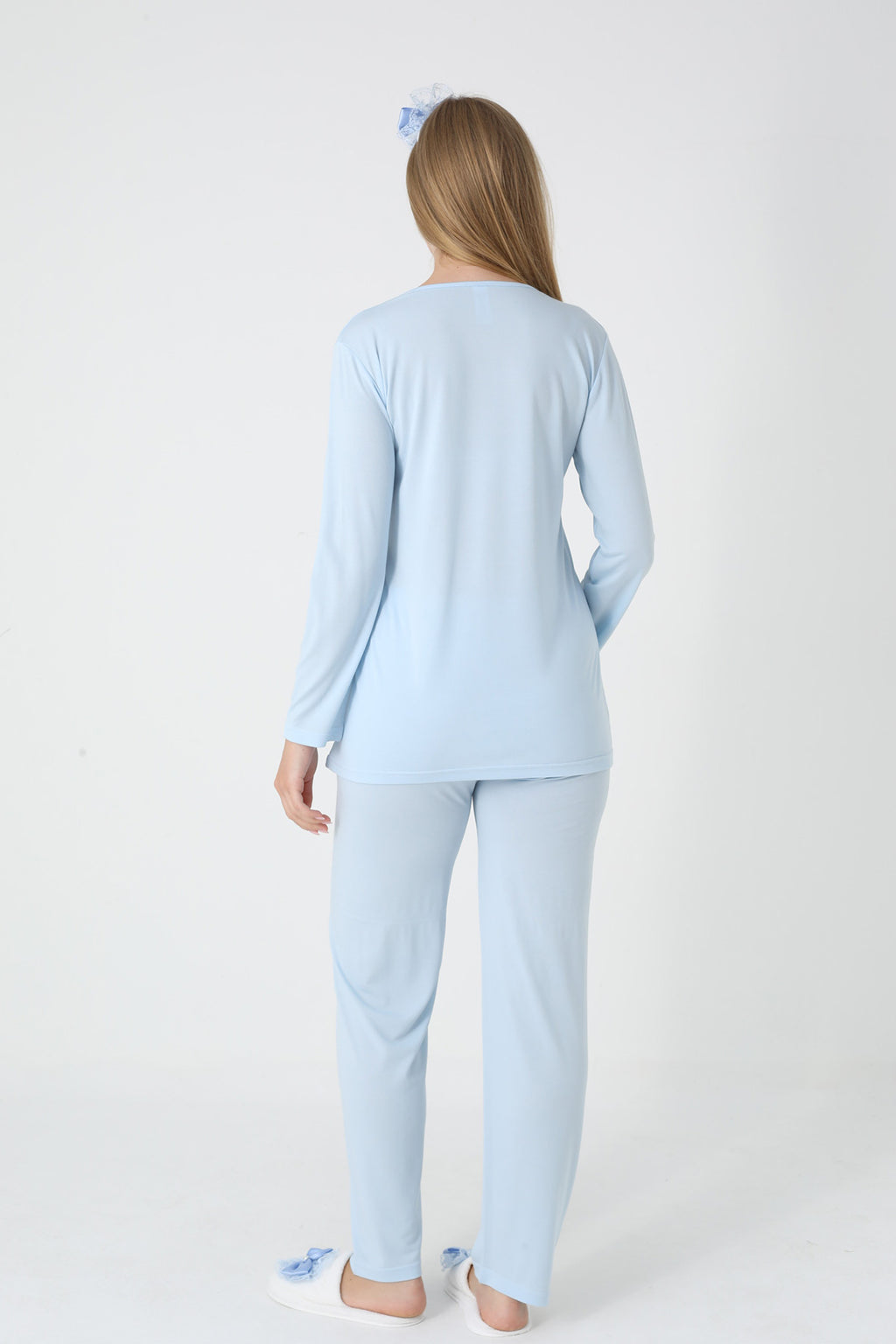 Lace Collar 3-Piece Maternity-Nursing Pajama & Polka Dot Jacquard Robe Set Blue - 3454