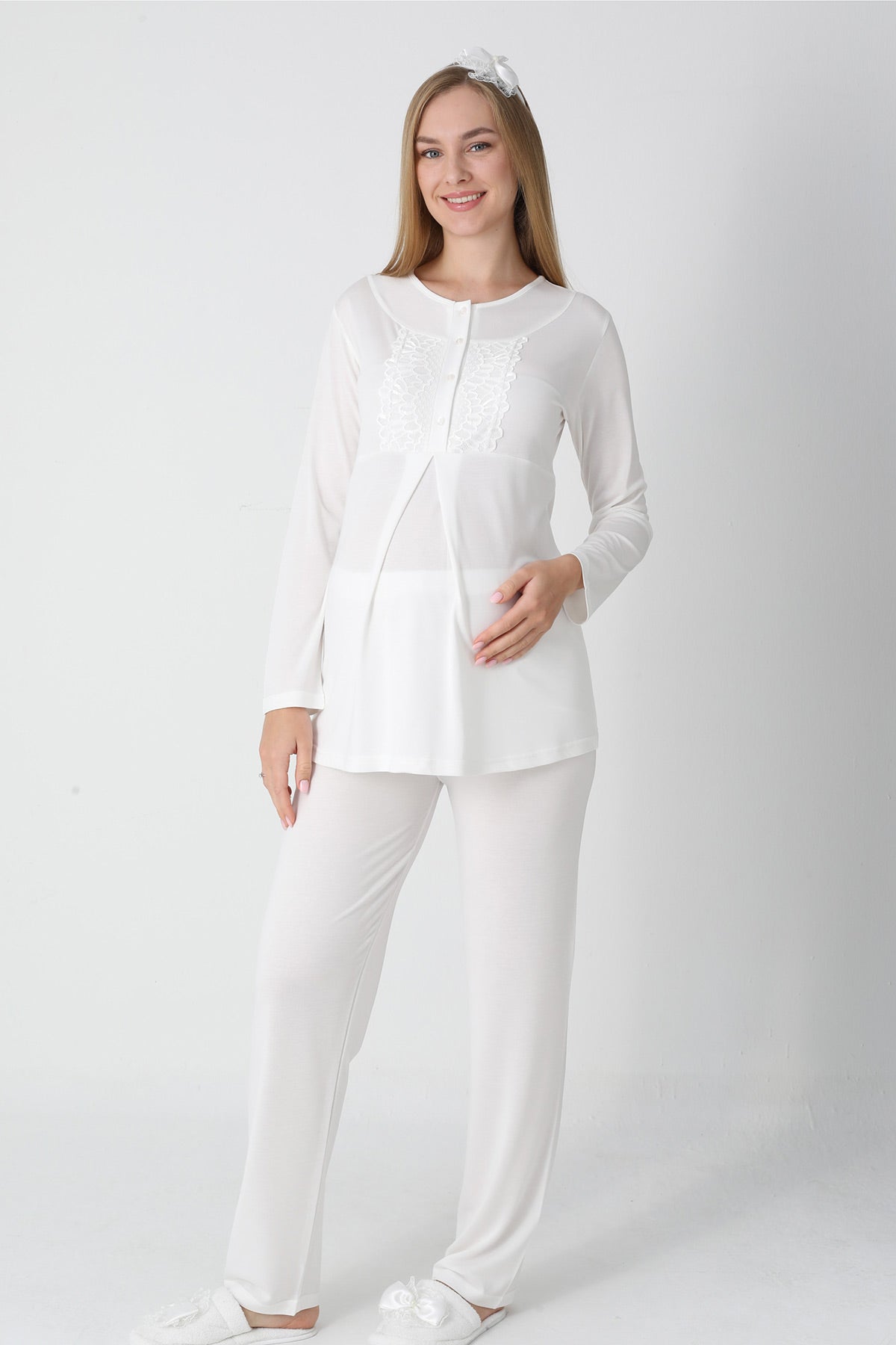 Lace Collar 3-Piece Maternity-Nursing Pajama & Polka Dot Jacquard Robe Set Ecru - 3454