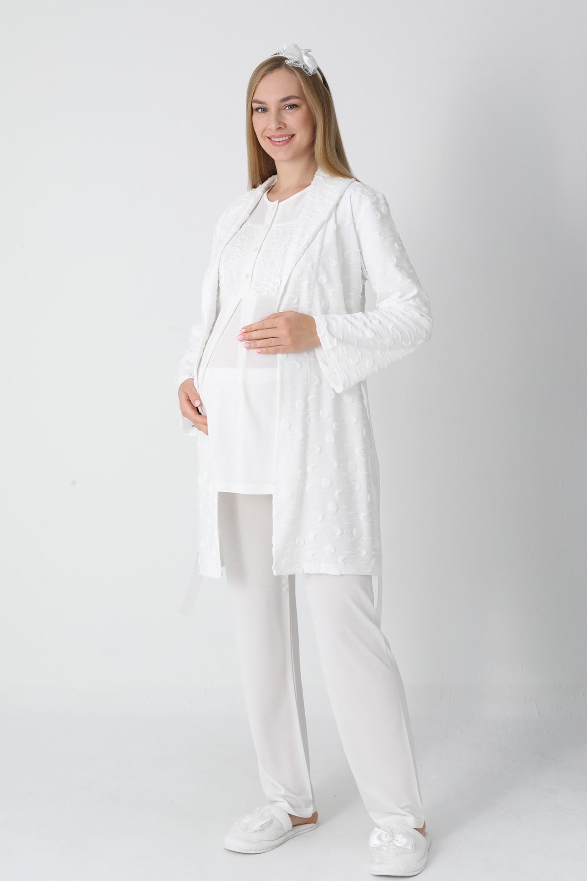 Lace Collar 3-Piece Maternity-Nursing Pajama & Polka Dot Jacquard Robe Set Ecru - 3454