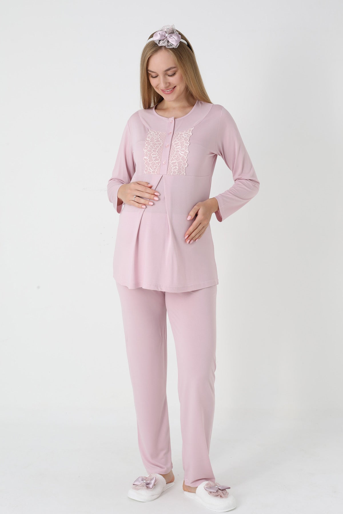 Lace Collar 3-Piece Maternity-Nursing Pajama & Polka Dot Jacquard Robe Set Powder - 3454