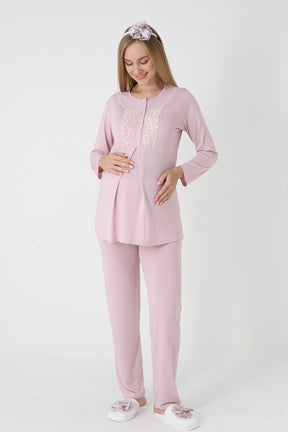 Lace Collar 3-Piece Maternity-Nursing Pajama & Polka Dot Jacquard Robe Set Powder - 3454