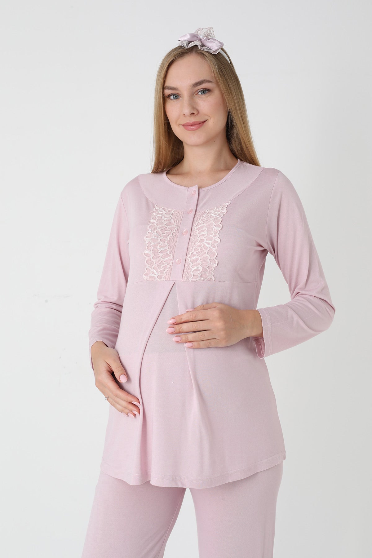 Lace Collar 3-Piece Maternity-Nursing Pajama & Polka Dot Jacquard Robe Set Powder - 3454