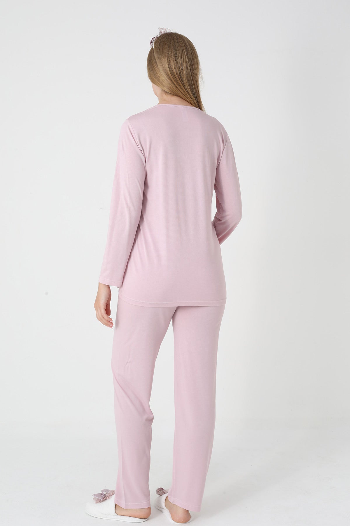 Lace Collar 3-Piece Maternity-Nursing Pajama & Polka Dot Jacquard Robe Set Powder - 3454