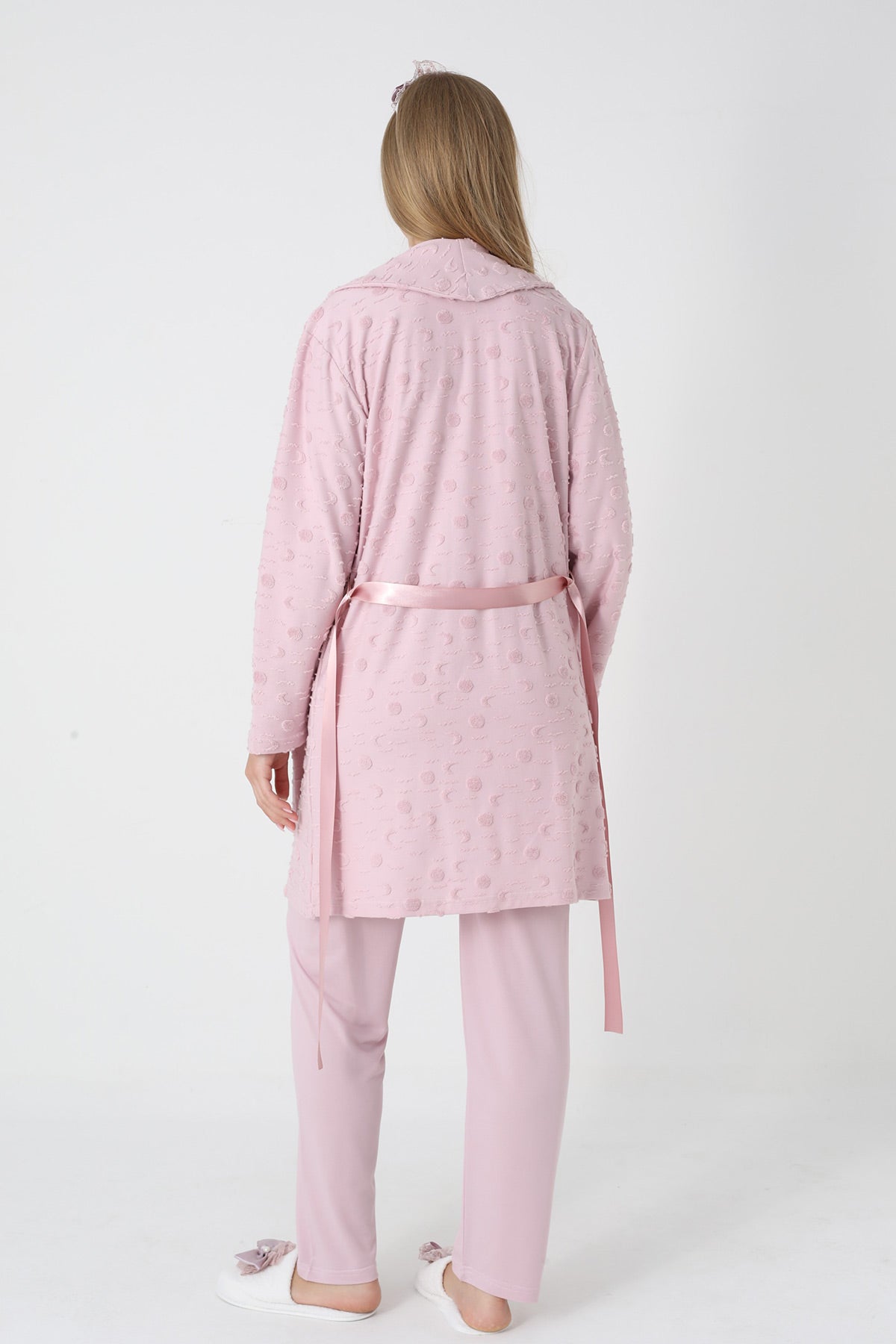 Lace Collar 3-Piece Maternity-Nursing Pajama & Polka Dot Jacquard Robe Set Powder - 3454