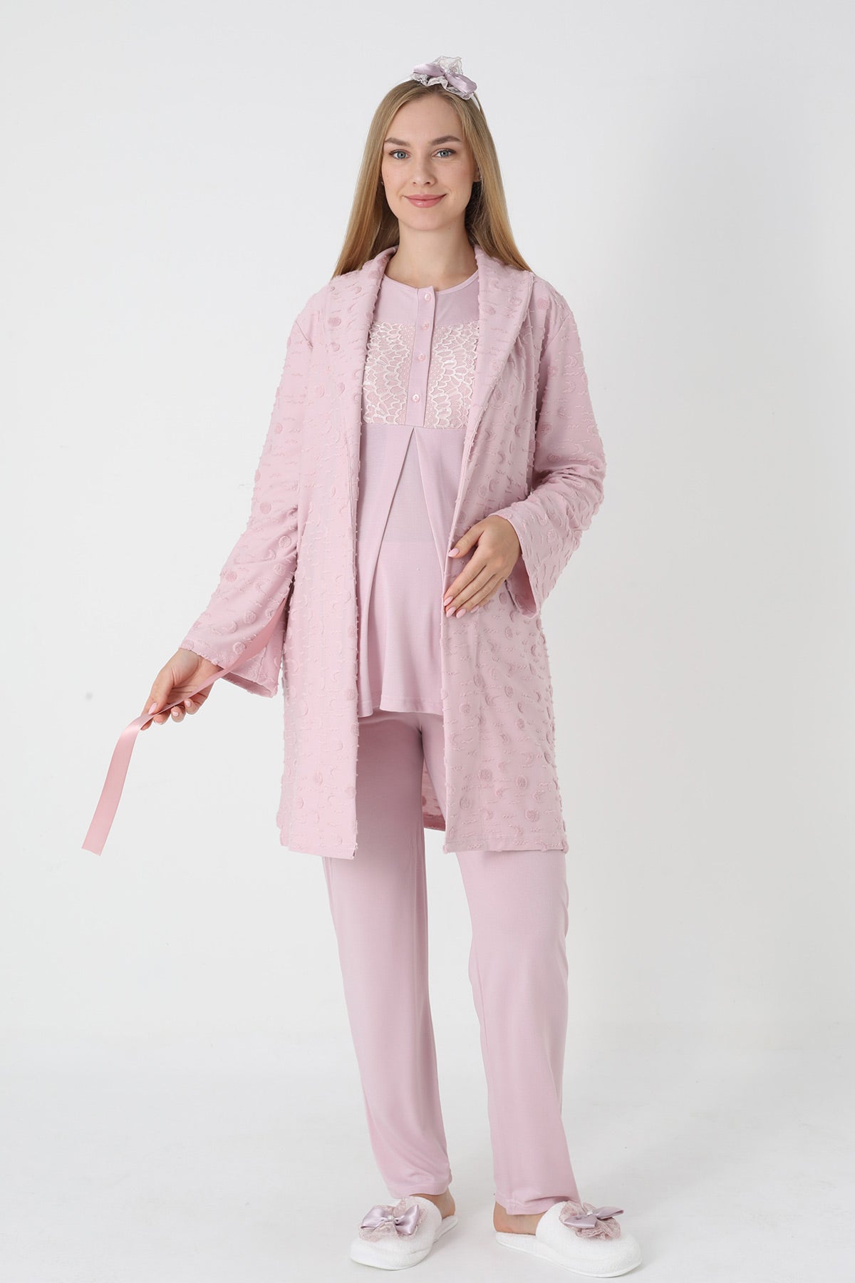 Lace Collar 3-Piece Maternity-Nursing Pajama & Polka Dot Jacquard Robe Set Powder - 3454