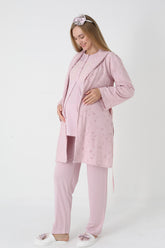 Lace Collar 3-Piece Maternity-Nursing Pajama & Polka Dot Jacquard Robe Set Powder - 3454