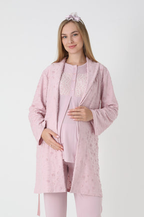 Lace Collar 3-Piece Maternity-Nursing Pajama & Polka Dot Jacquard Robe Set Powder - 3454