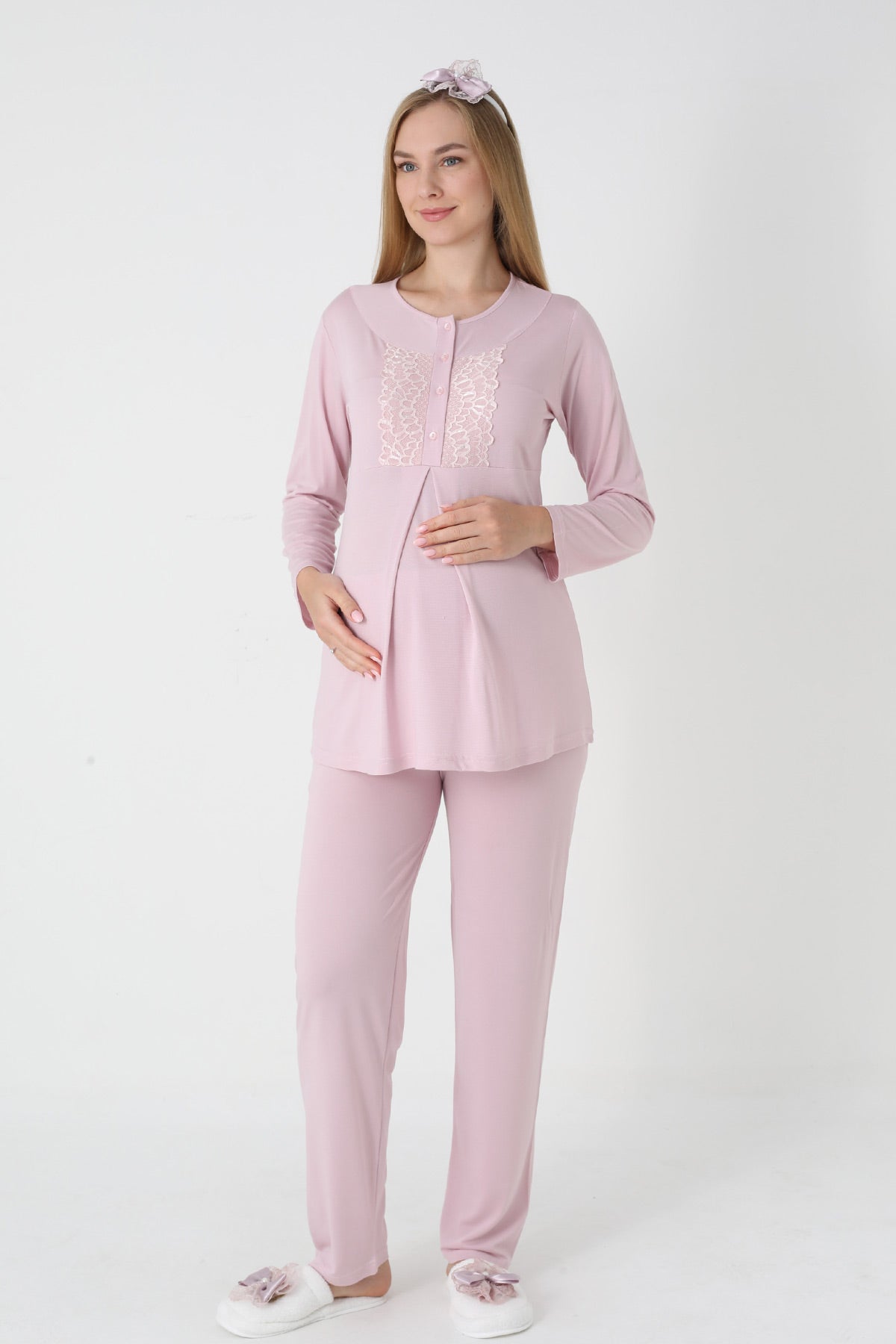 Lace Collar 3-Piece Maternity-Nursing Pajama & Polka Dot Jacquard Robe Set Powder - 3454