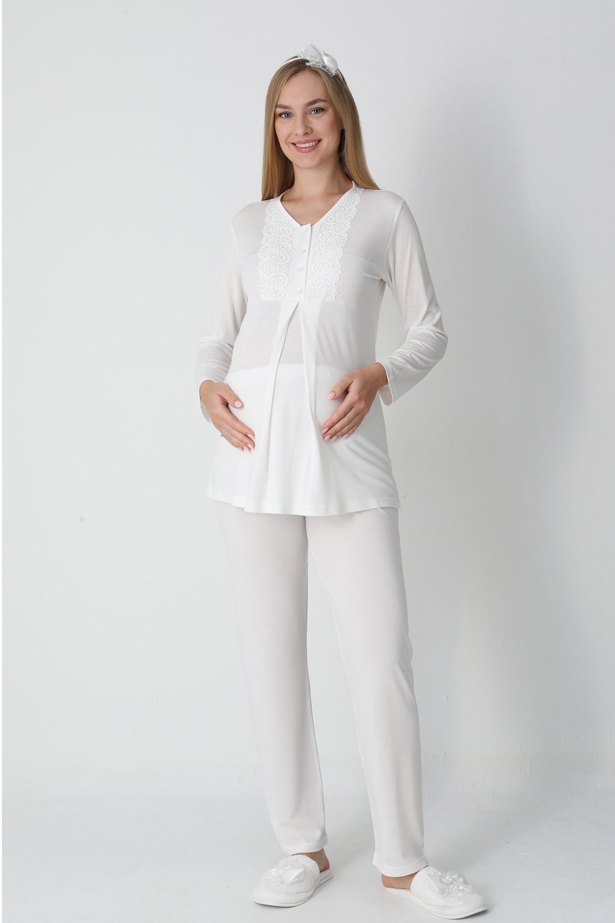 Guipure Collar 3-Piece Maternity-Nursing Pajama & Jacquard Robe Set Ecru - 3455