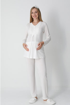 Guipure Collar 3-Piece Maternity-Nursing Pajama & Jacquard Robe Set Ecru - 3455