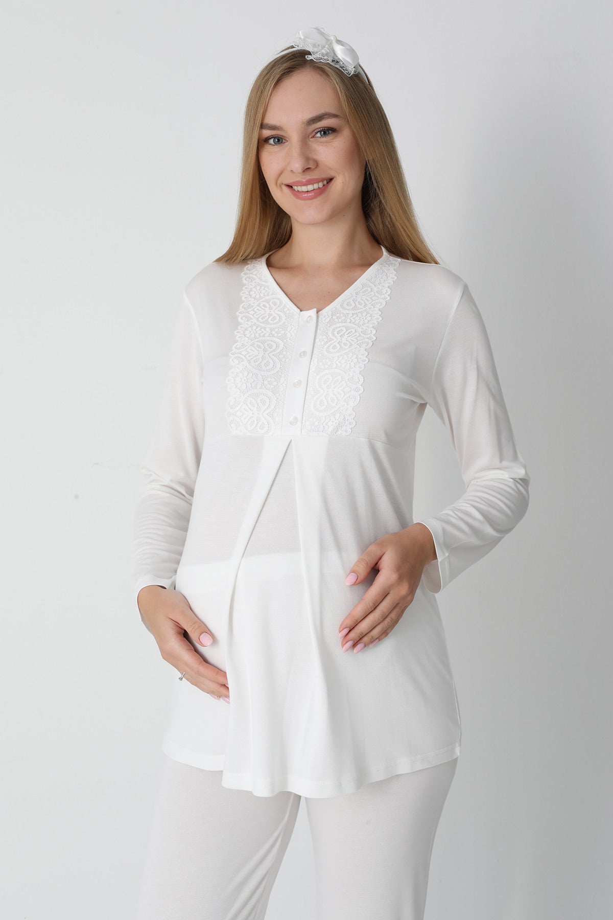 Guipure Collar 3-Piece Maternity-Nursing Pajama & Jacquard Robe Set Ecru - 3455