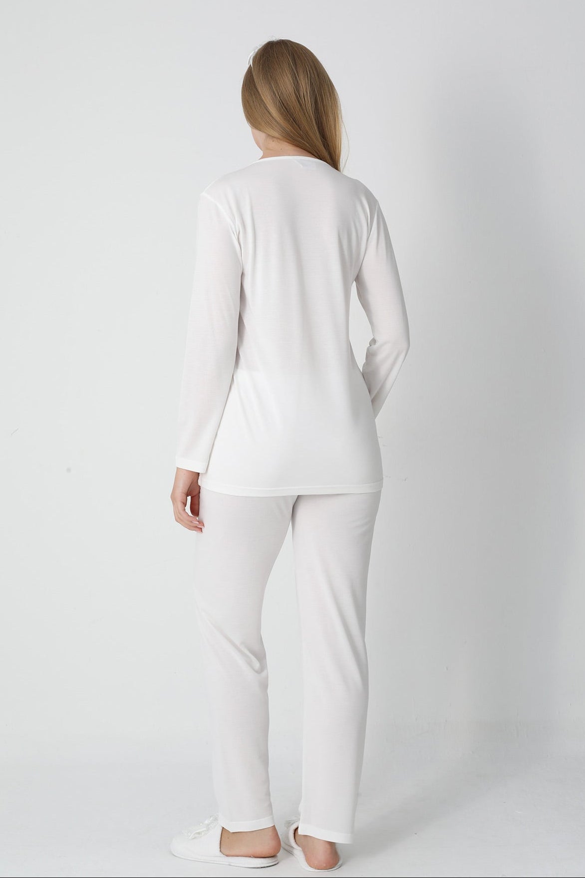 Guipure Collar 3-Piece Maternity-Nursing Pajama & Jacquard Robe Set Ecru - 3455