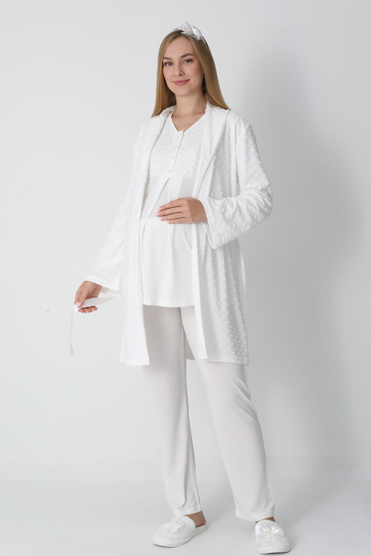 Guipure Collar 3-Piece Maternity-Nursing Pajama & Jacquard Robe Set Ecru - 3455