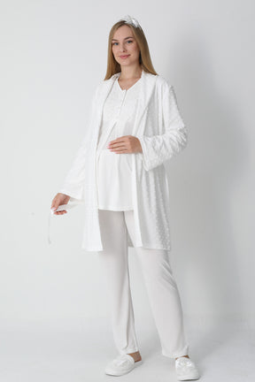 Guipure Collar 3-Piece Maternity-Nursing Pajama & Jacquard Robe Set Ecru - 3455