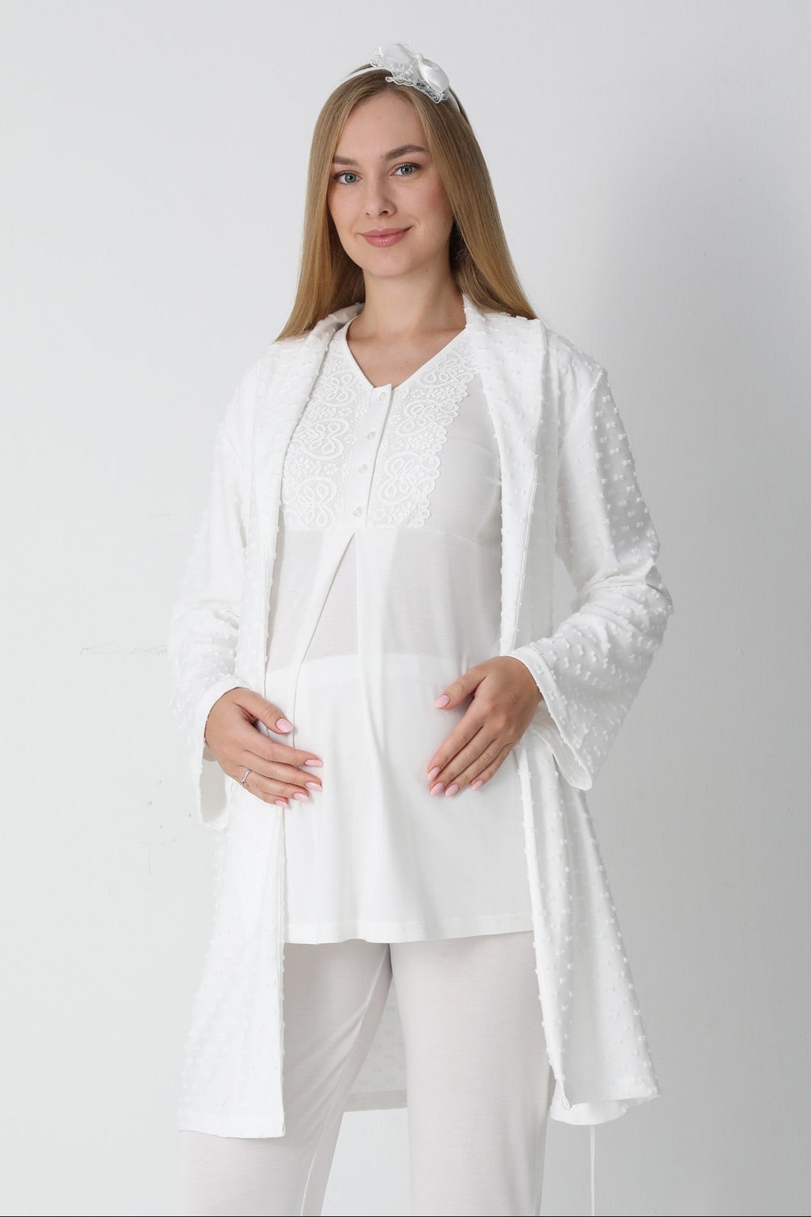 Guipure Collar 3-Piece Maternity-Nursing Pajama & Jacquard Robe Set Ecru - 3455