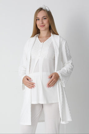 Guipure Collar 3-Piece Maternity-Nursing Pajama & Jacquard Robe Set Ecru - 3455