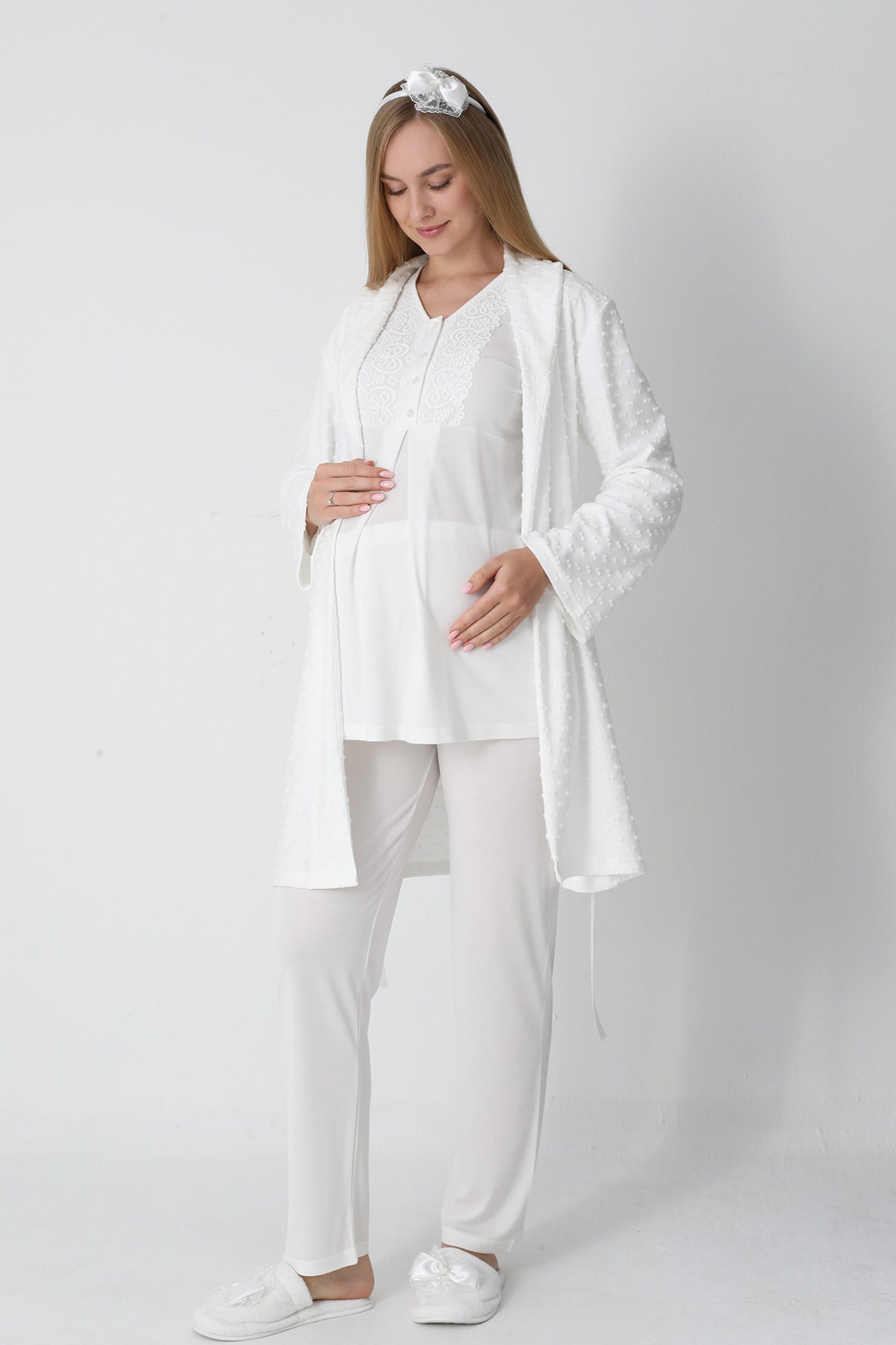 Guipure Collar 3-Piece Maternity-Nursing Pajama & Jacquard Robe Set Ecru - 3455