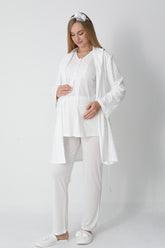 Guipure Collar 3-Piece Maternity-Nursing Pajama & Jacquard Robe Set Ecru - 3455