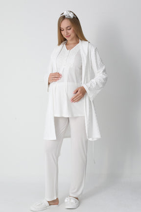 Guipure Collar 3-Piece Maternity-Nursing Pajama & Jacquard Robe Set Ecru - 3455
